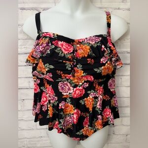 Terra & Sky 3X (24W-26W) Black Pink Floral One Piece Swimsuit Tummy Control‎